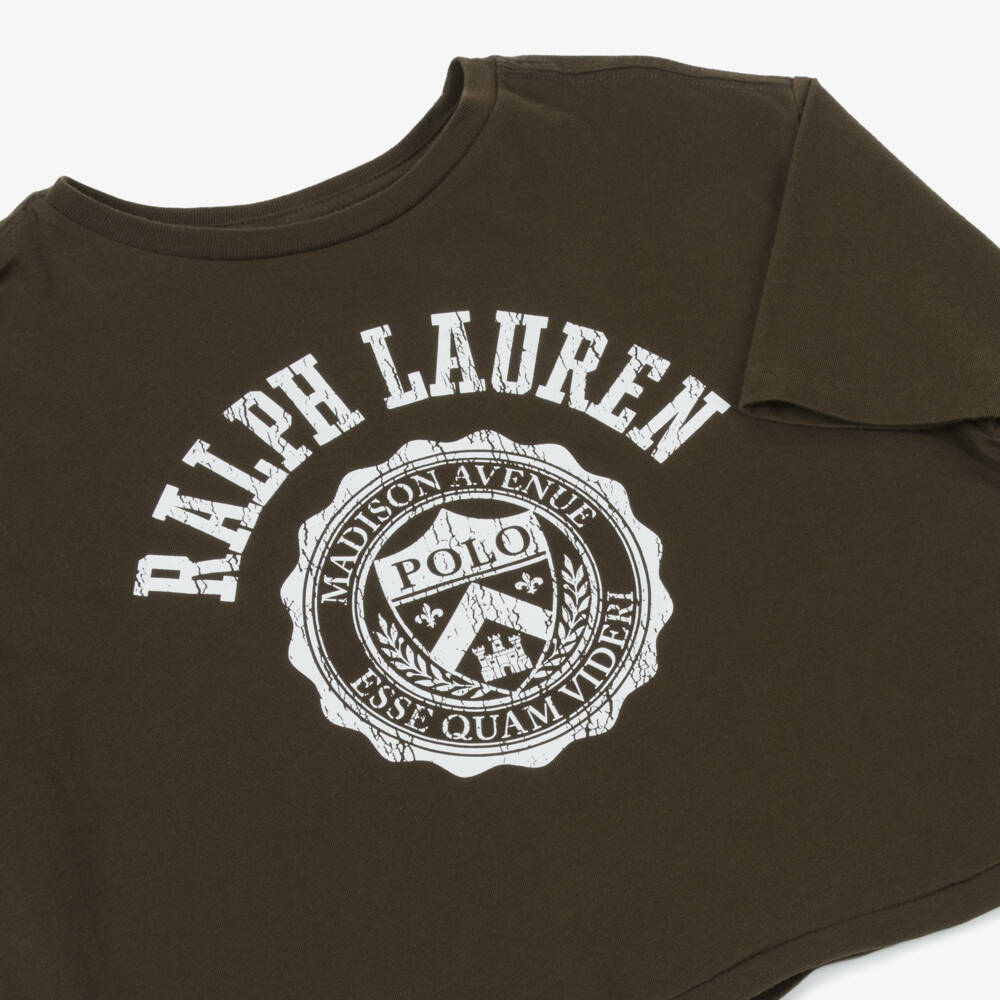 Ralph Lauren-Футболка коричневая хлопковая с гербом для девочек | Childrensalon
