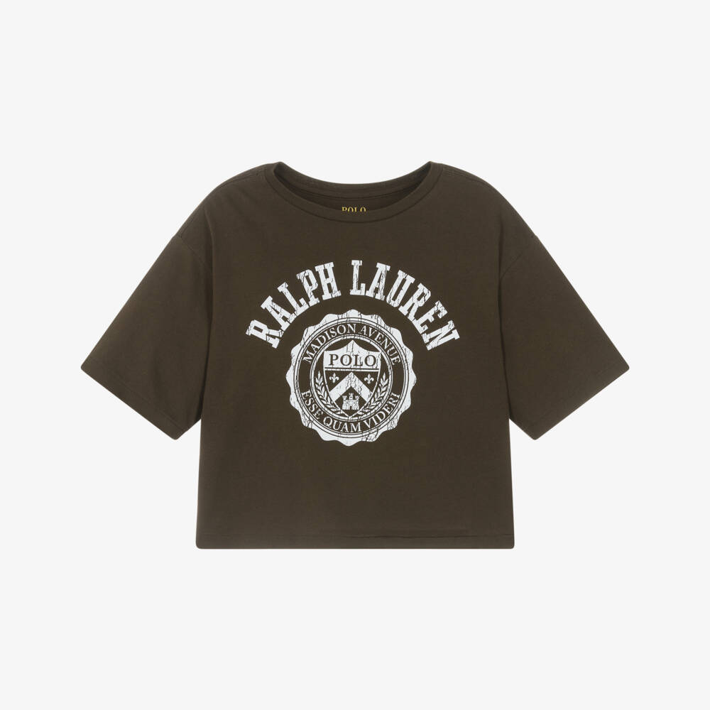 Ralph Lauren-Girls Brown Cotton Crest Logo Boxy T-Shirt  | Childrensalon