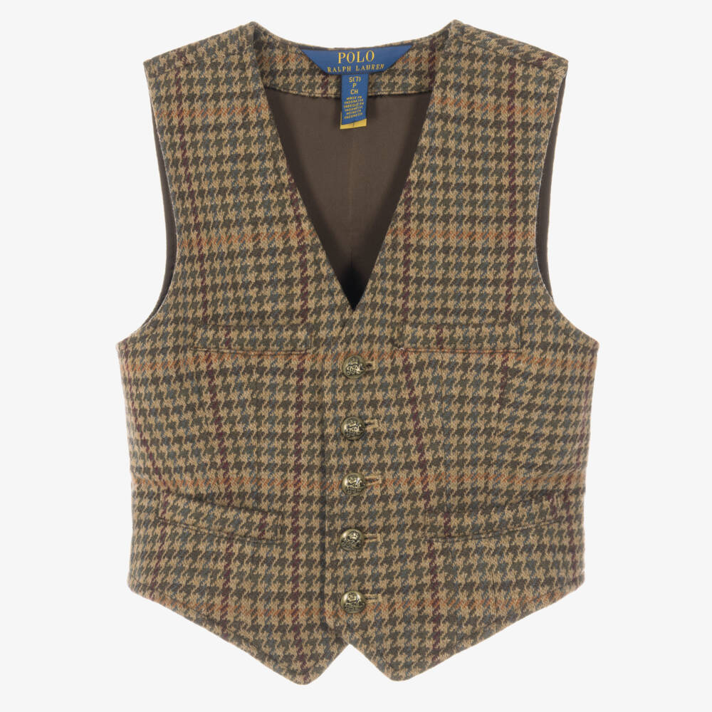 Ralph Lauren-Girls Brown Houndstooth Check Waistcoat | Childrensalon