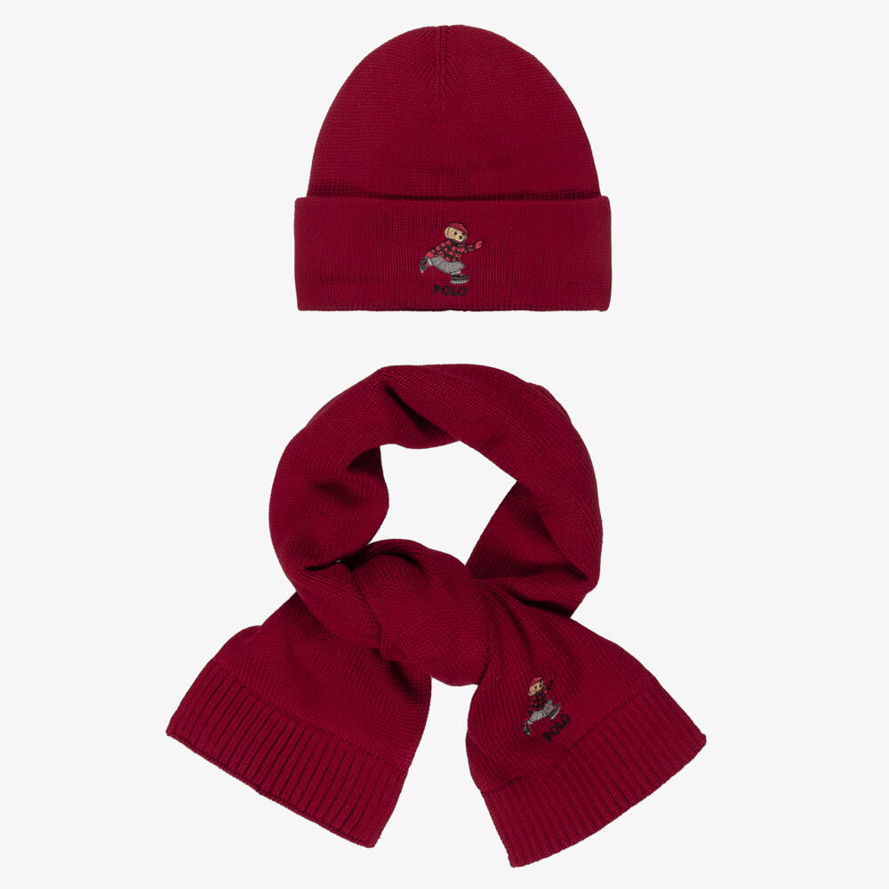 Ralph Lauren-Girls Burgundy Polo Bear Cotton Knit Hat & Scarf Set | Childrensalon