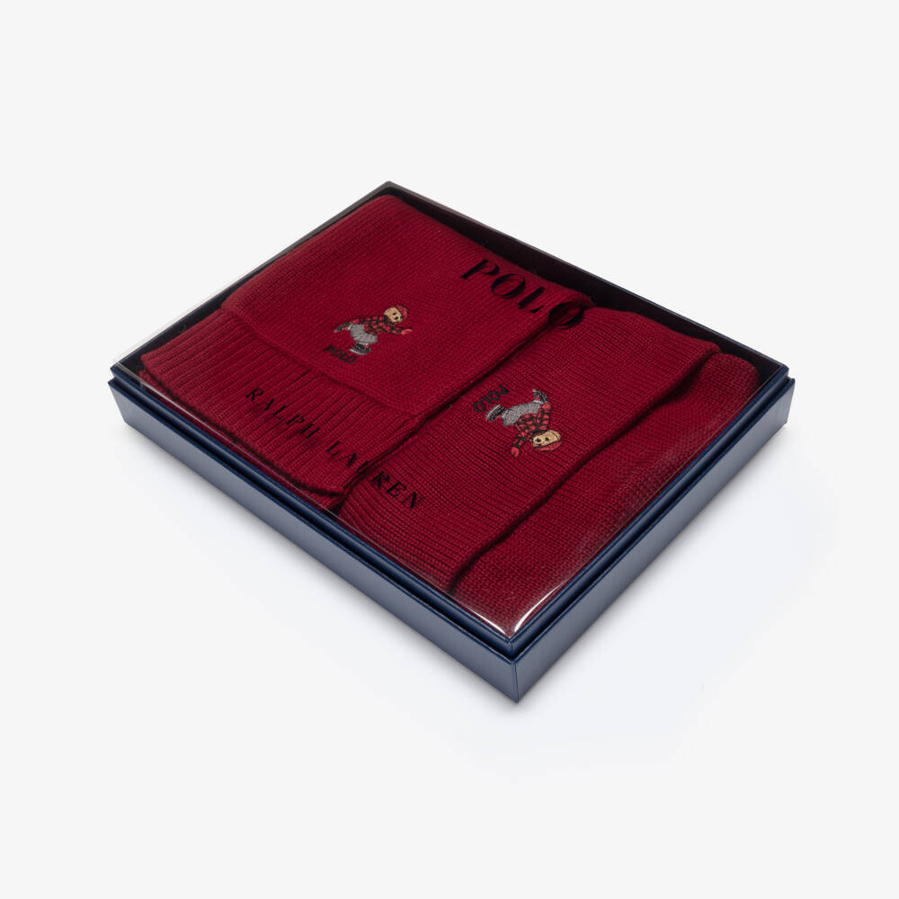 Ralph Lauren-Girls Burgundy Polo Bear Cotton Knit Hat & Scarf Set | Childrensalon