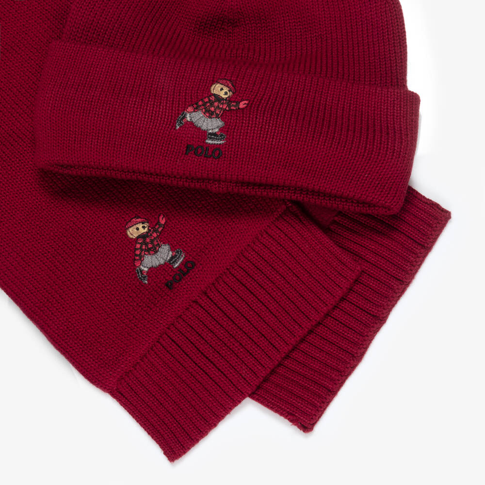 Ralph Lauren-Girls Burgundy Polo Bear Cotton Knit Hat & Scarf Set | Childrensalon