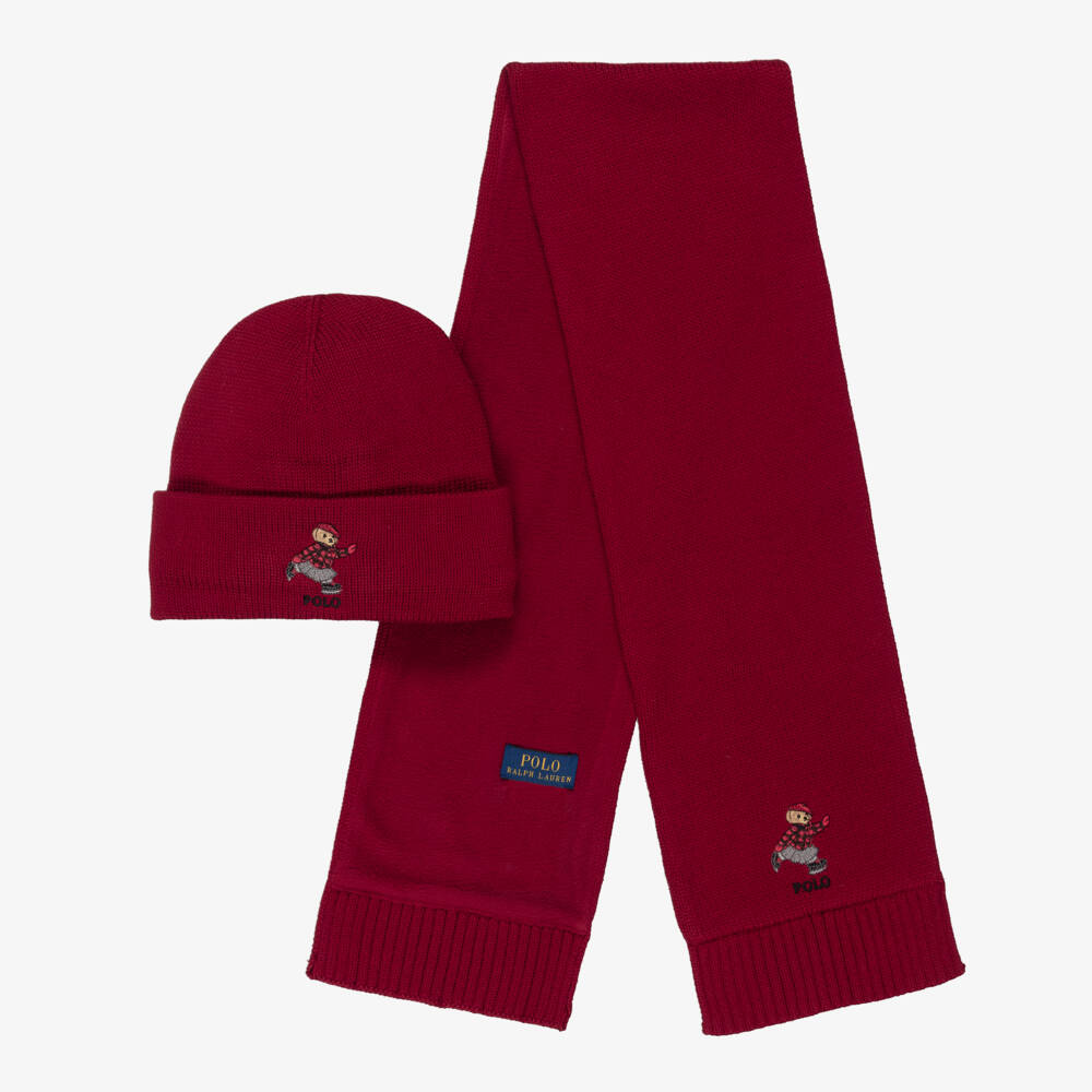 Ralph Lauren-Girls Burgundy Polo Bear Cotton Knit Hat & Scarf Set | Childrensalon