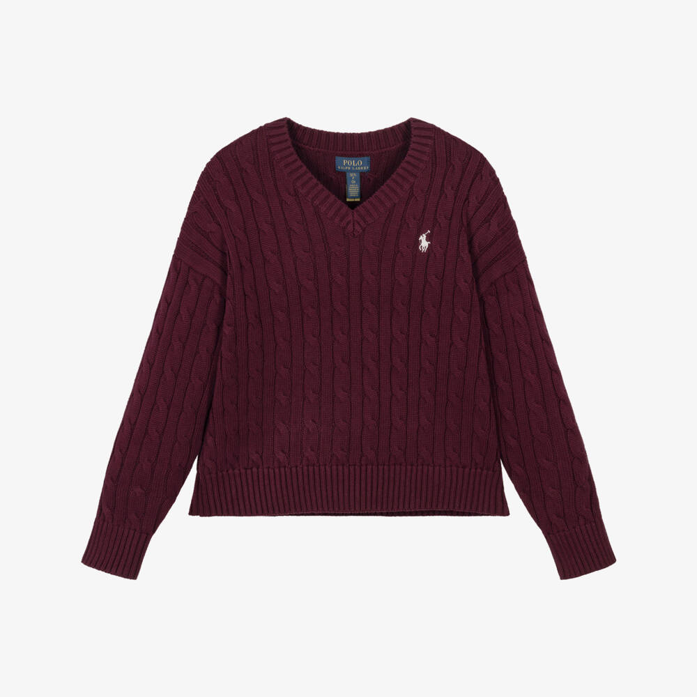 Ralph Lauren-Girls Burgundy Red Cable Knit Sweater with V-Neck | Childrensalon