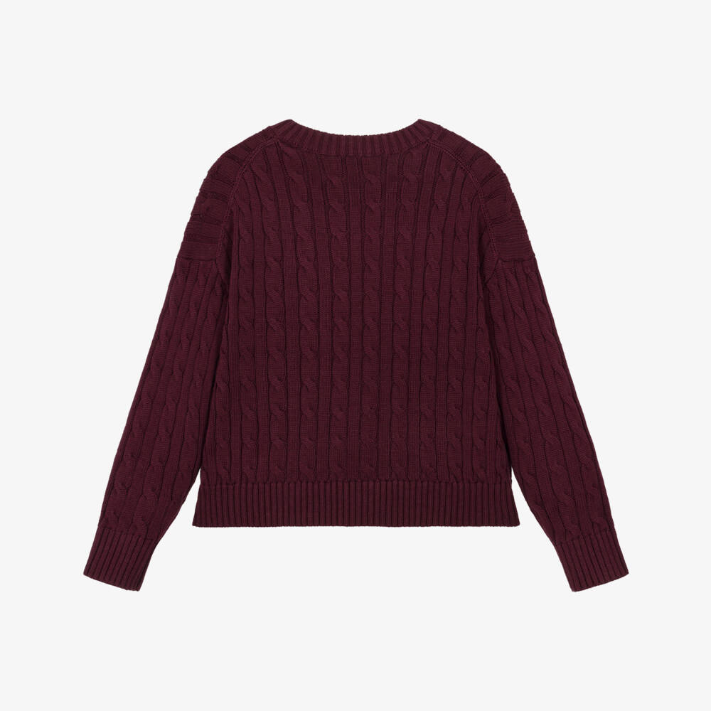 Ralph Lauren-Girls Burgundy Red Cable Knit Sweater with V-Neck | Childrensalon