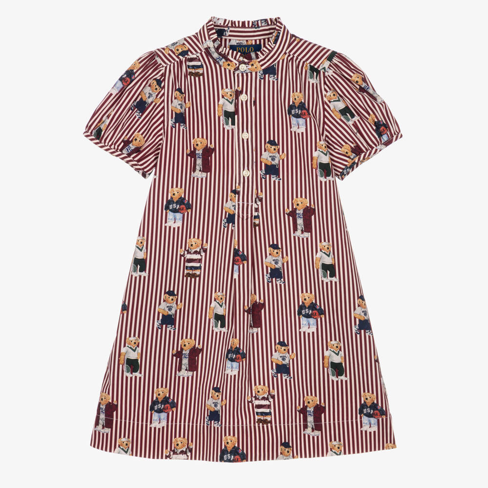 Ralph Lauren-Girls Burgundy Striped Cotton Dress with Polo Bear Prints | Childrensalon