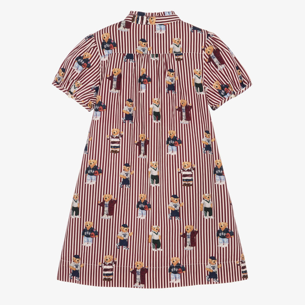 Ralph Lauren-Girls Burgundy Striped Cotton Dress with Polo Bear Prints | Childrensalon