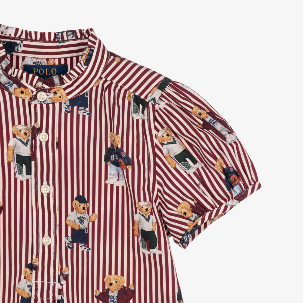 Ralph Lauren-Girls Burgundy Striped Cotton Dress with Polo Bear Prints | Childrensalon