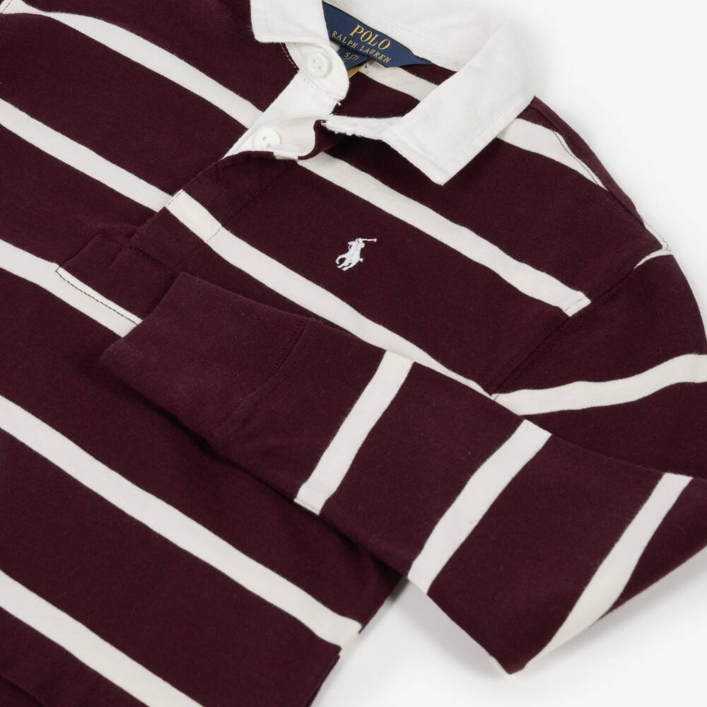 Ralph Lauren-Girls Burgundy Striped Cotton Rugby-Style Top | Childrensalon