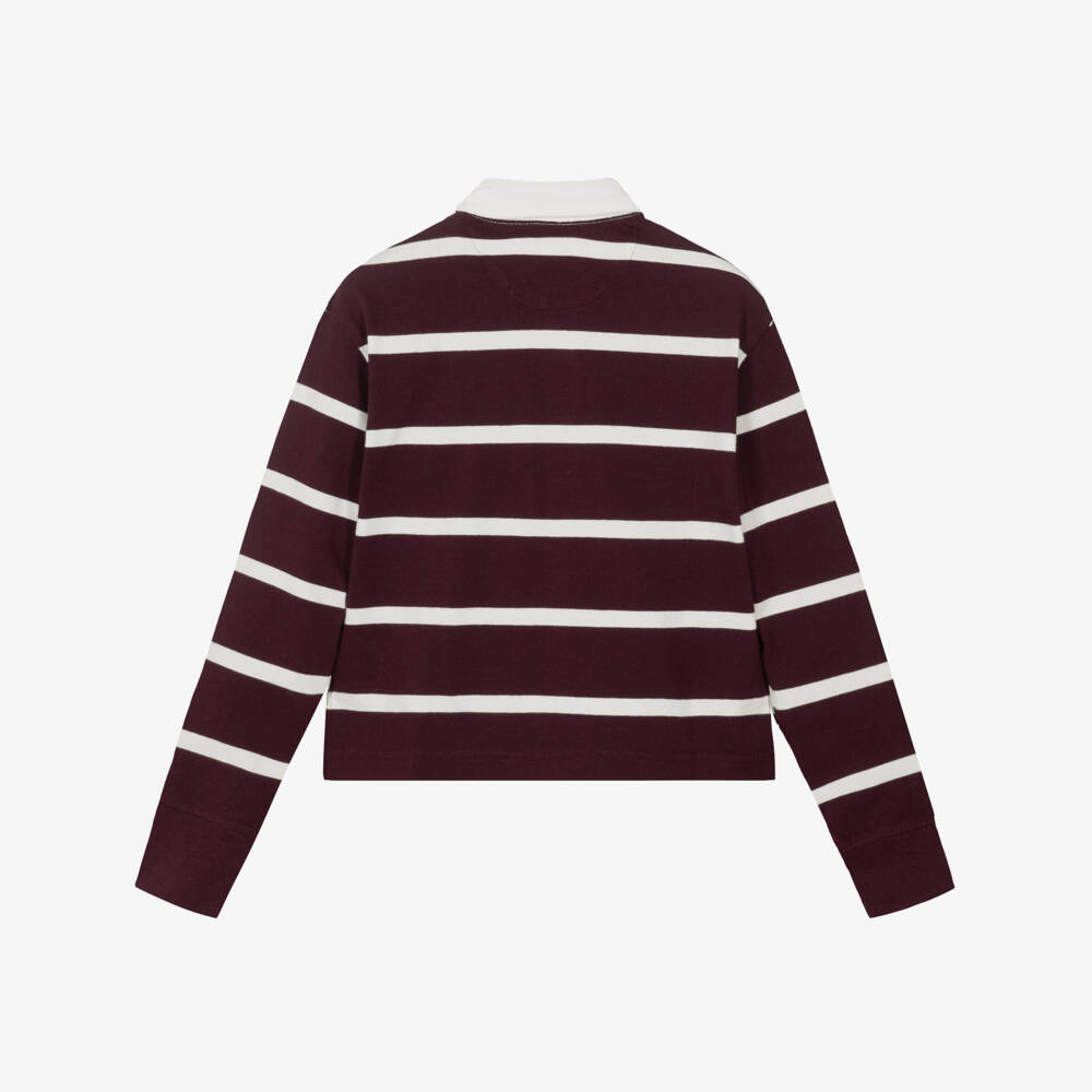 Ralph Lauren-Girls Burgundy Striped Cotton Rugby-Style Top | Childrensalon