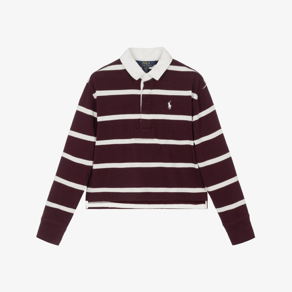 Ralph Lauren-Girls Burgundy Striped Cotton Rugby-Style Top | Childrensalon