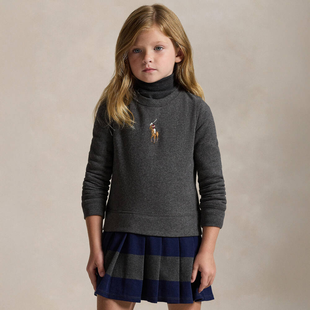 Ralph Lauren-Girls Charcoal Grey Cotton Jersey Dress | Childrensalon