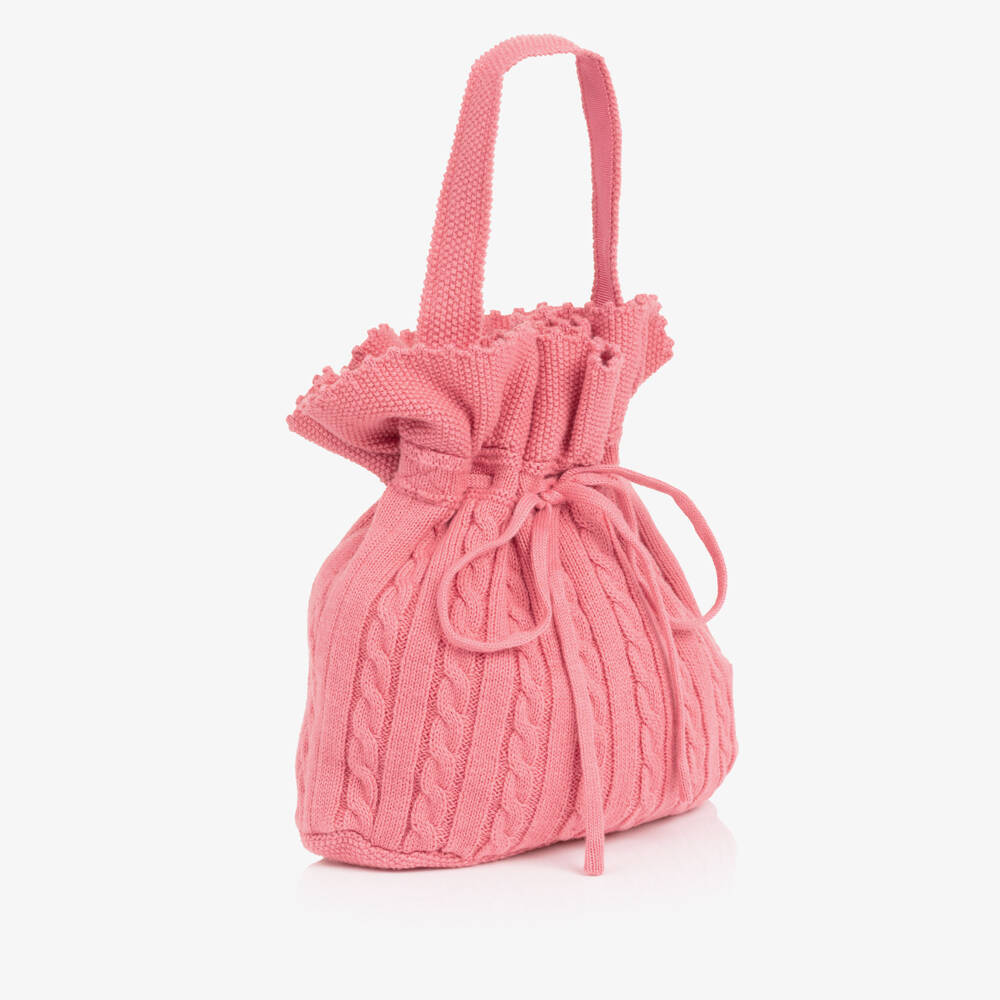 Ralph Lauren-Girls Coral Pink Cable Knit Handbag with Pony Logo (17cm) | Childrensalon