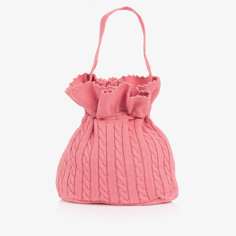Ralph Lauren-Girls Coral Pink Cable Knit Handbag with Pony Logo (17cm) | Childrensalon