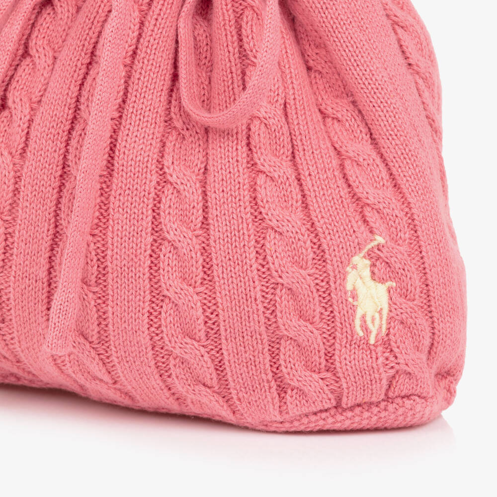 Ralph Lauren-Girls Coral Pink Cable Knit Handbag with Pony Logo (17cm) | Childrensalon