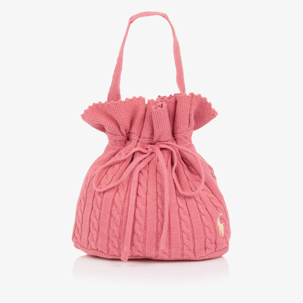 Ralph Lauren-Girls Coral Pink Cable Knit Handbag with Pony Logo (17cm) | Childrensalon