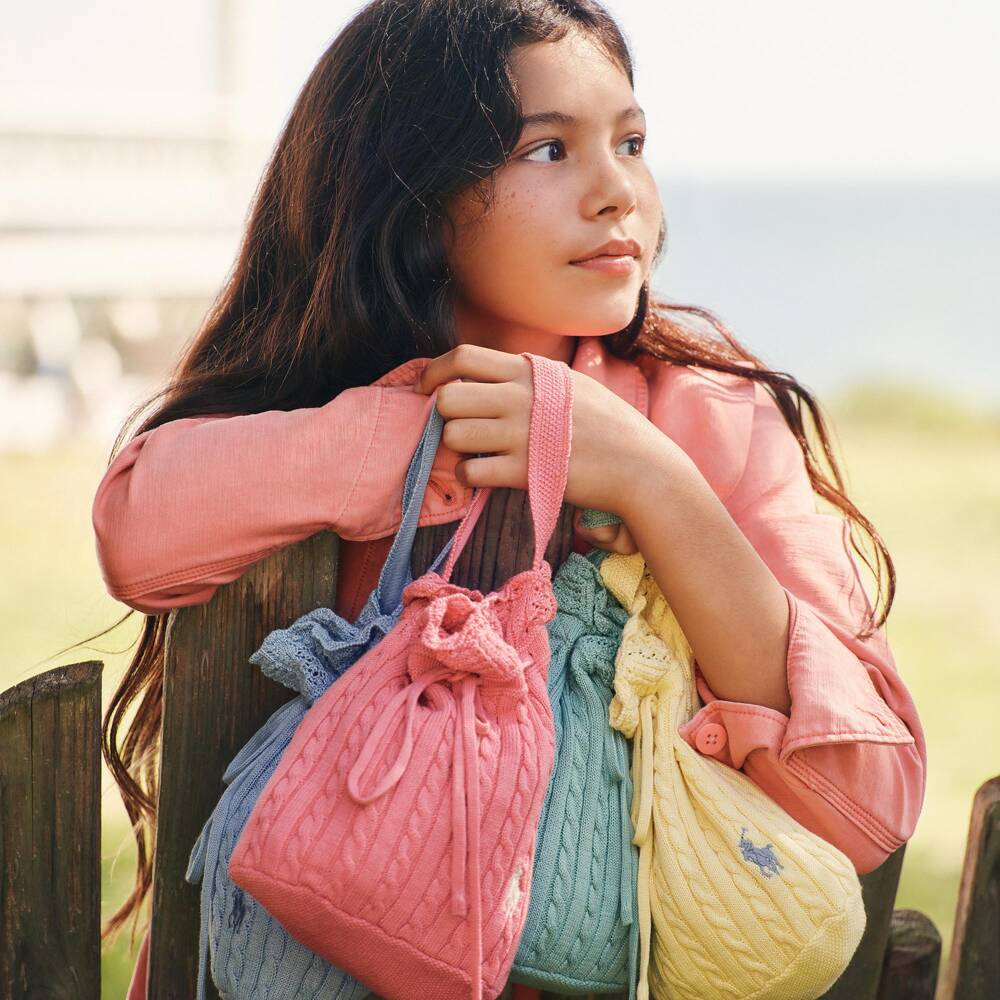 Ralph Lauren-Girls Coral Pink Cable Knit Handbag with Pony Logo (17cm) | Childrensalon
