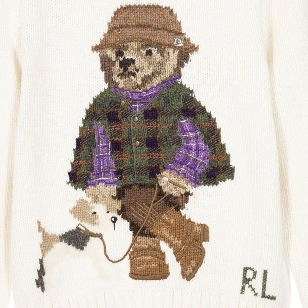 Ralph Lauren-Girls Cream Polo Bear Cotton Sweater | Childrensalon