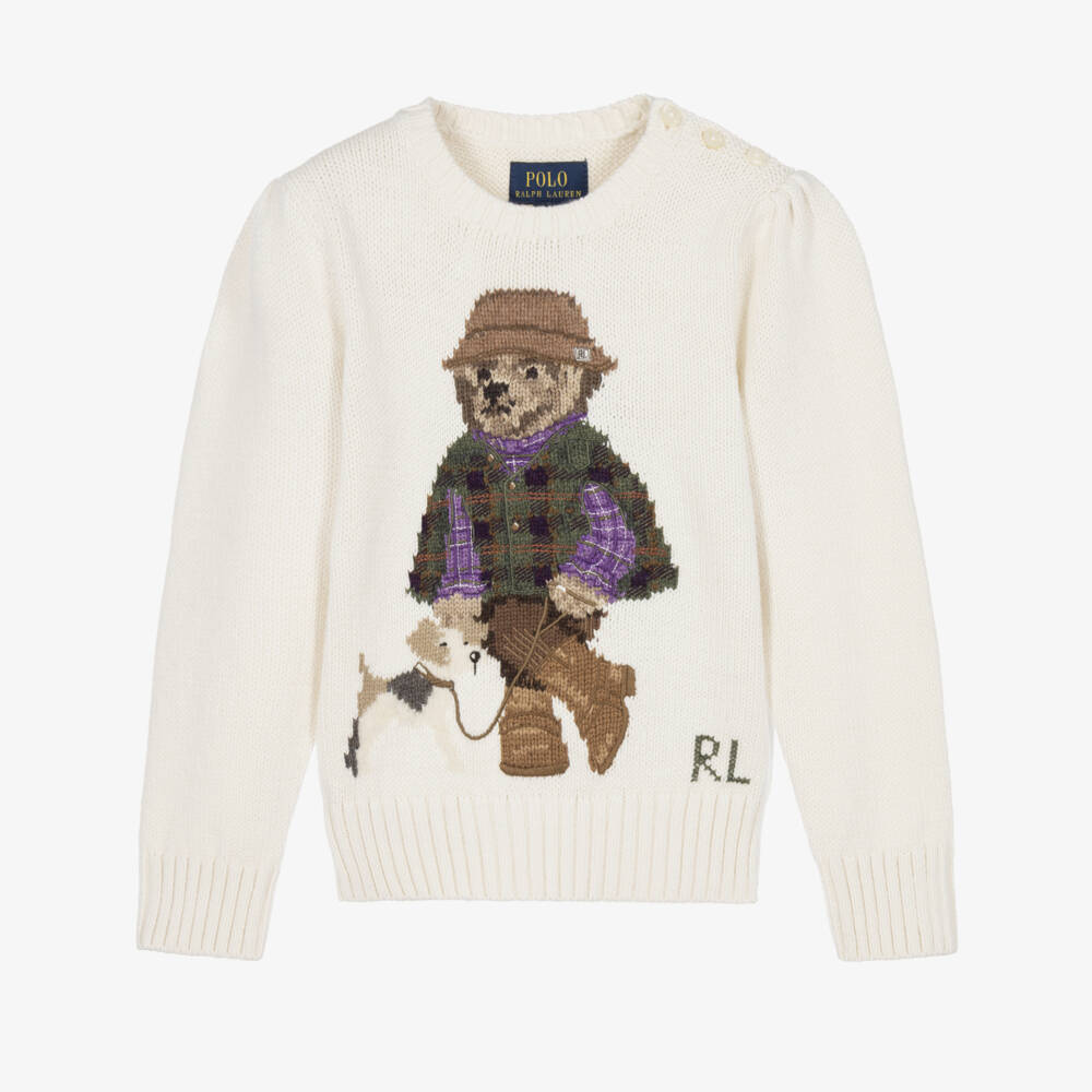Ralph Lauren-Girls Cream Polo Bear Cotton Sweater | Childrensalon
