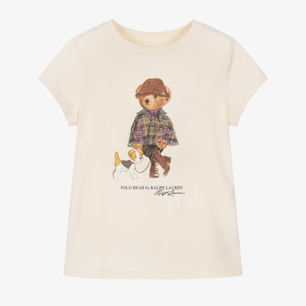 Ralph Lauren-Girls Cream Polo Bear T-Shirt in Cotton Jersey | Childrensalon
