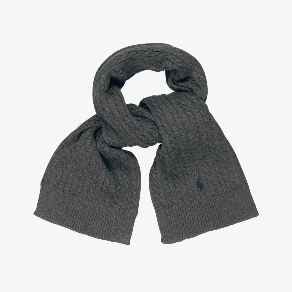 Ralph Lauren-Girls Dark Grey Cotton Cable Knit Scarf | Childrensalon