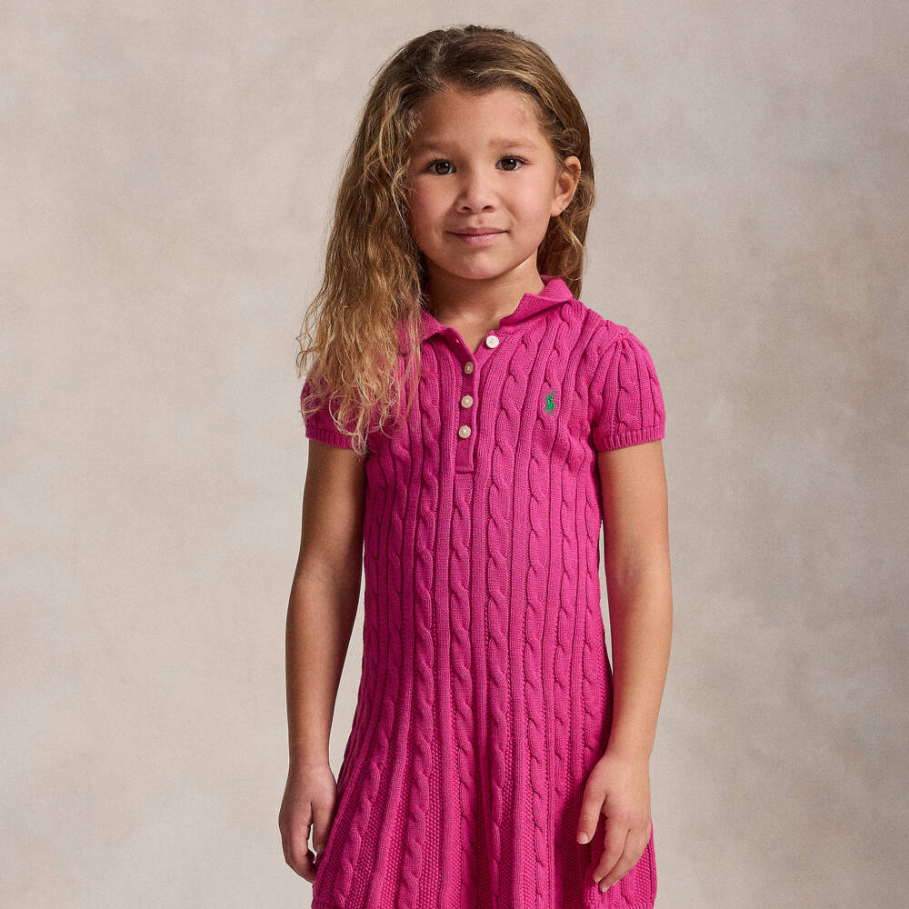 Ralph Lauren-فستان بنات بأكمام قصيرة محبوك لون زهري فوشيا | Childrensalon
