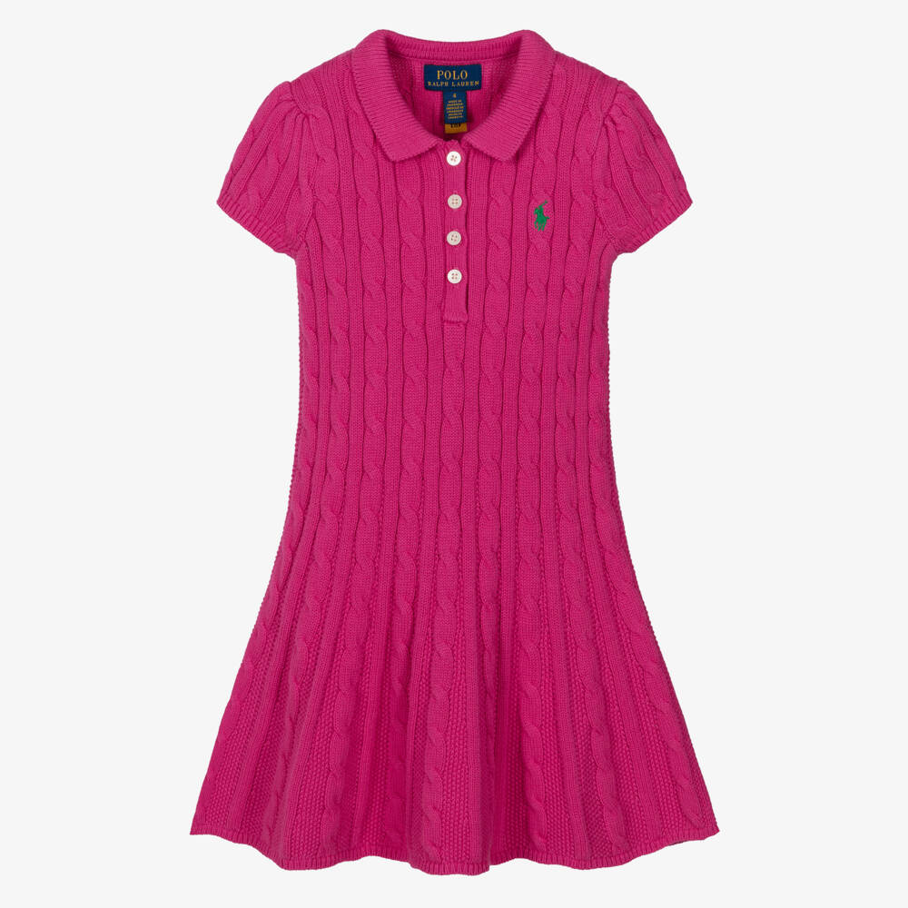 Ralph Lauren-Girls Fuchsia Pink Cable Knit Short Sleeve Dress | Childrensalon