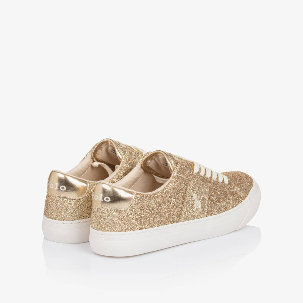 Ralph Lauren-Girls Gold Glitter Signature Pony Lace-Up Trainers | Childrensalon