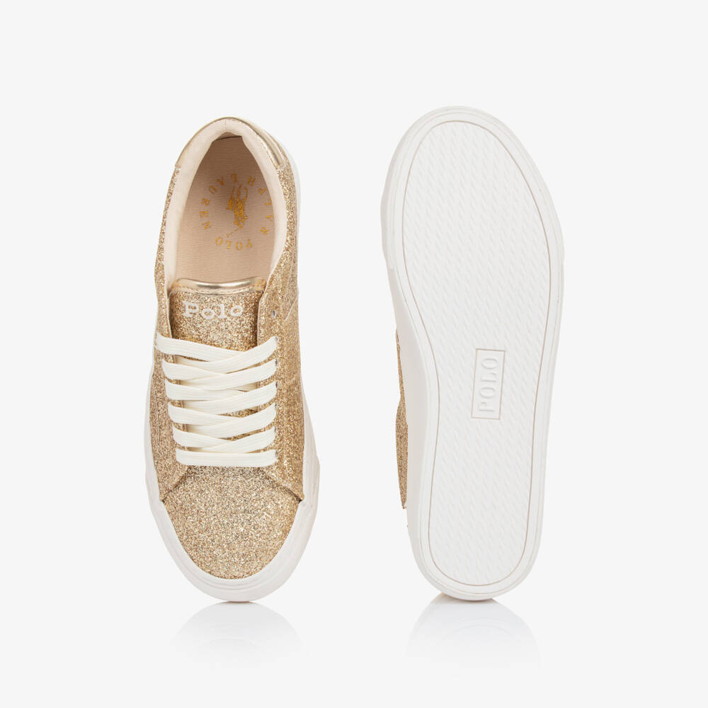 Ralph Lauren-Girls Gold Glitter Signature Pony Lace-Up Trainers | Childrensalon