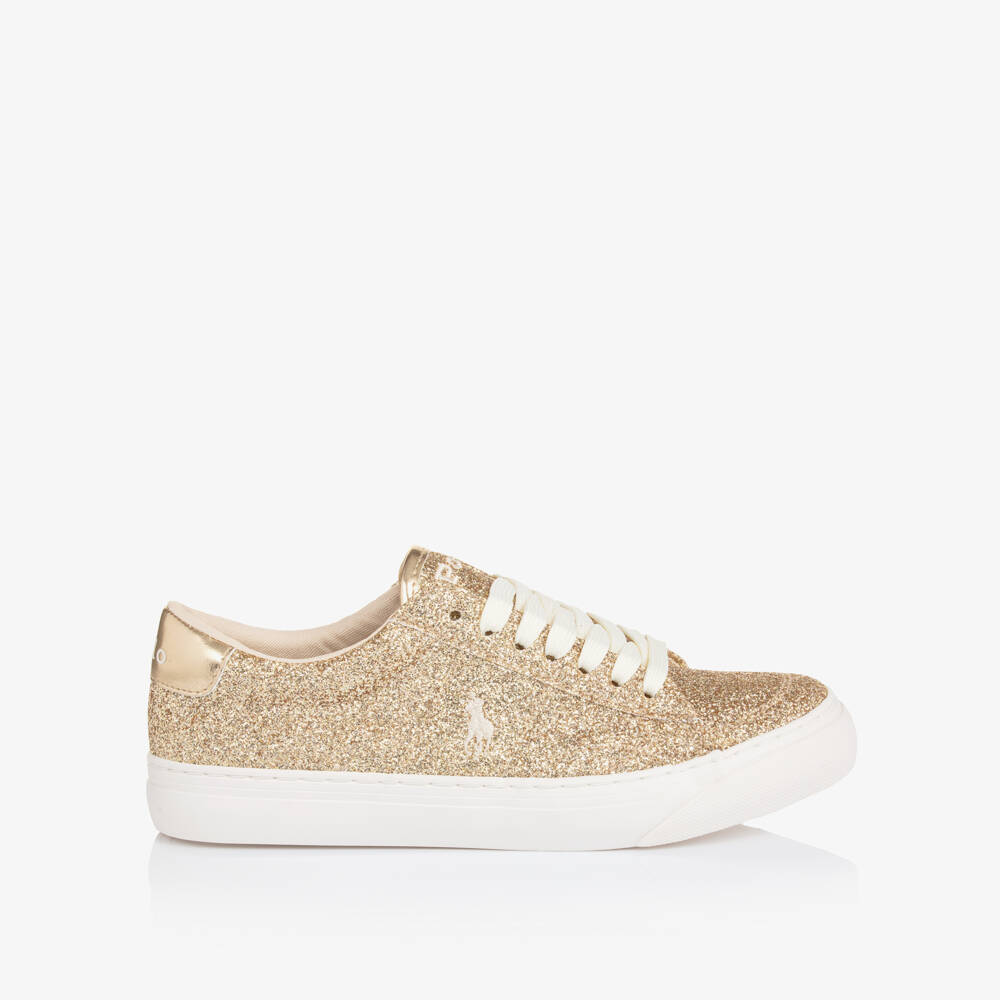 Ralph Lauren-Girls Gold Glitter Signature Pony Lace-Up Trainers | Childrensalon