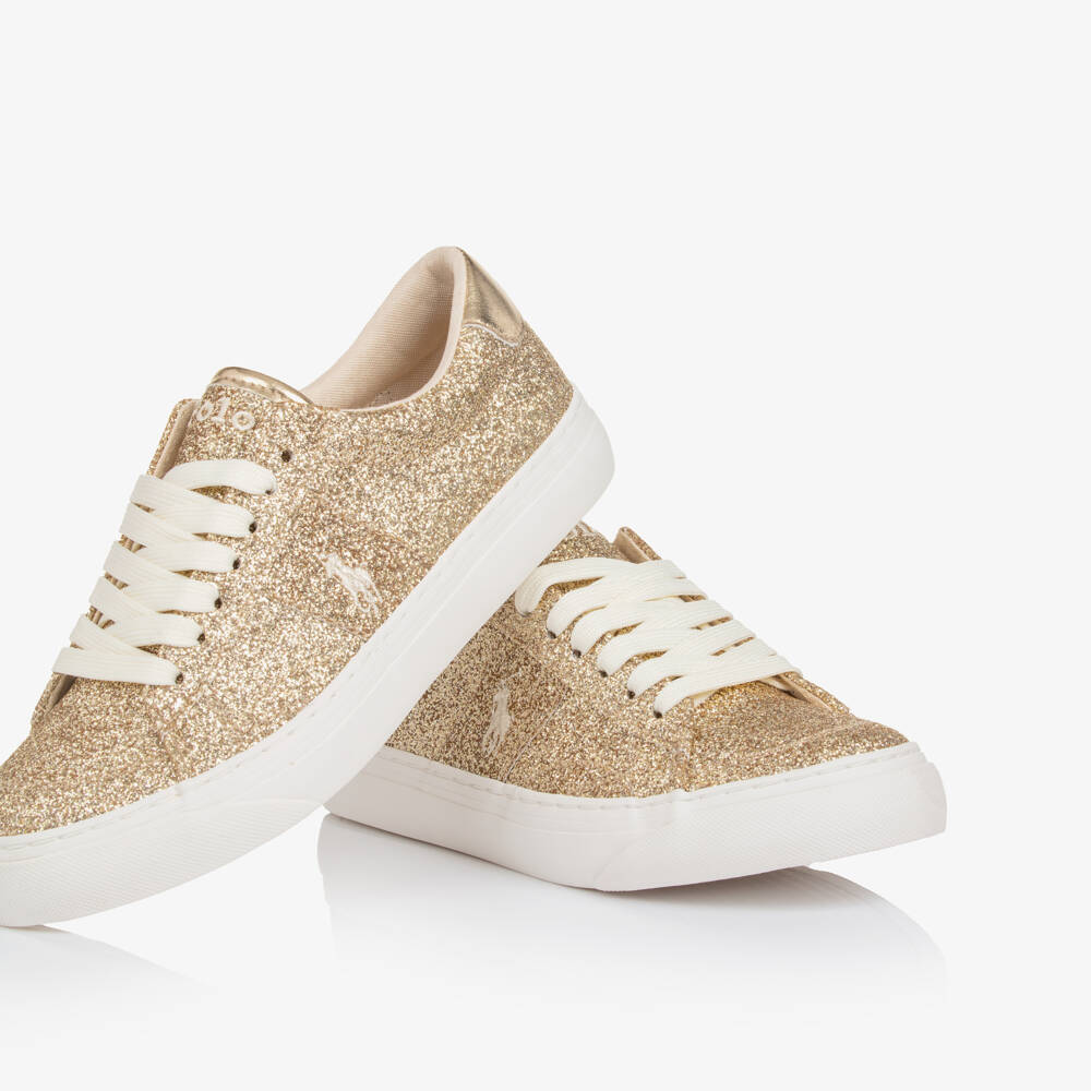 Ralph Lauren-Girls Gold Glitter Signature Pony Lace-Up Trainers | Childrensalon