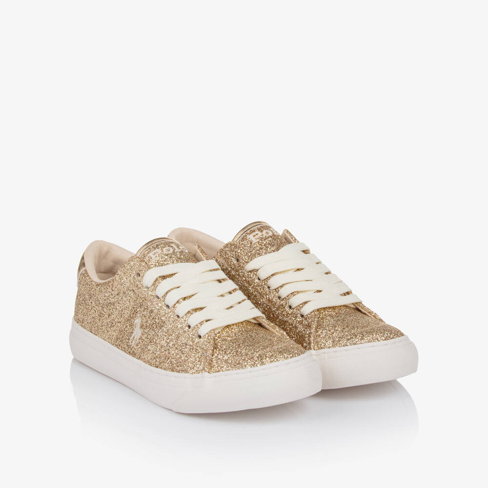 Ralph Lauren-Girls Gold Glitter Signature Pony Lace-Up Trainers | Childrensalon