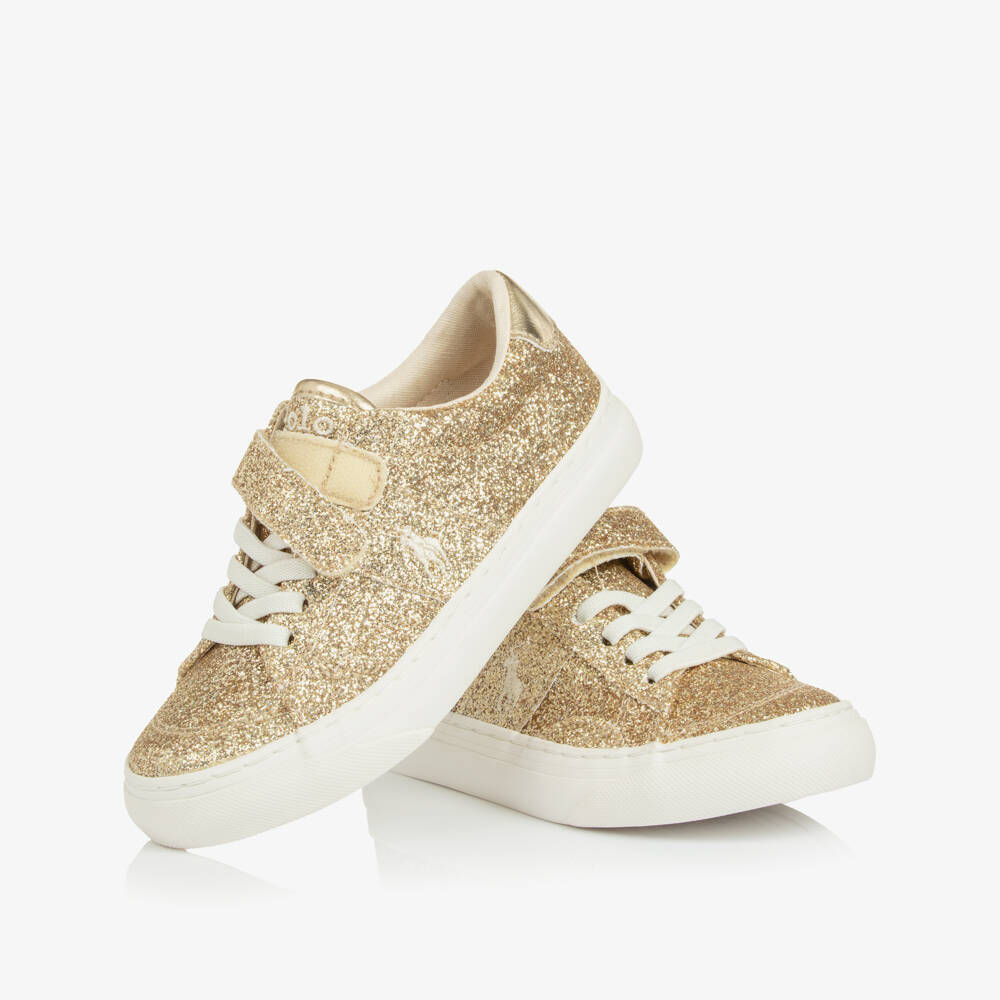 Ralph Lauren-Girls Gold Glitter Signature Pony Trainers | Childrensalon