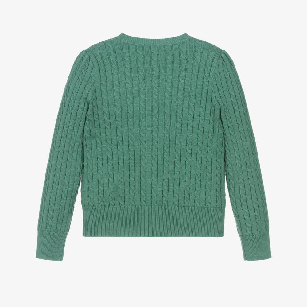 Ralph Lauren-Girls Green Cotton Cable Knit Cardigan | Childrensalon