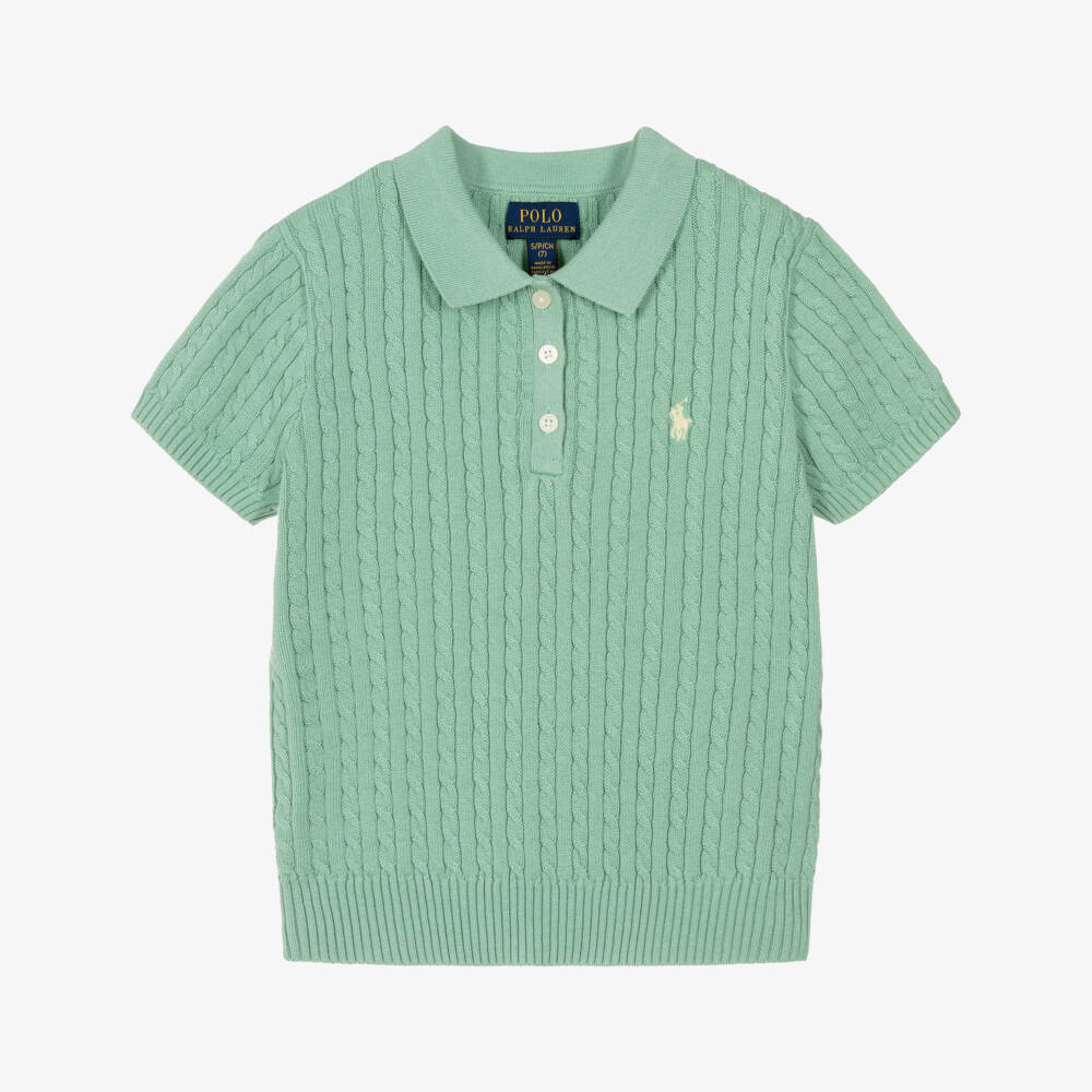 Ralph Lauren-Girls Green Cotton Cable Knit Polo Top | Childrensalon