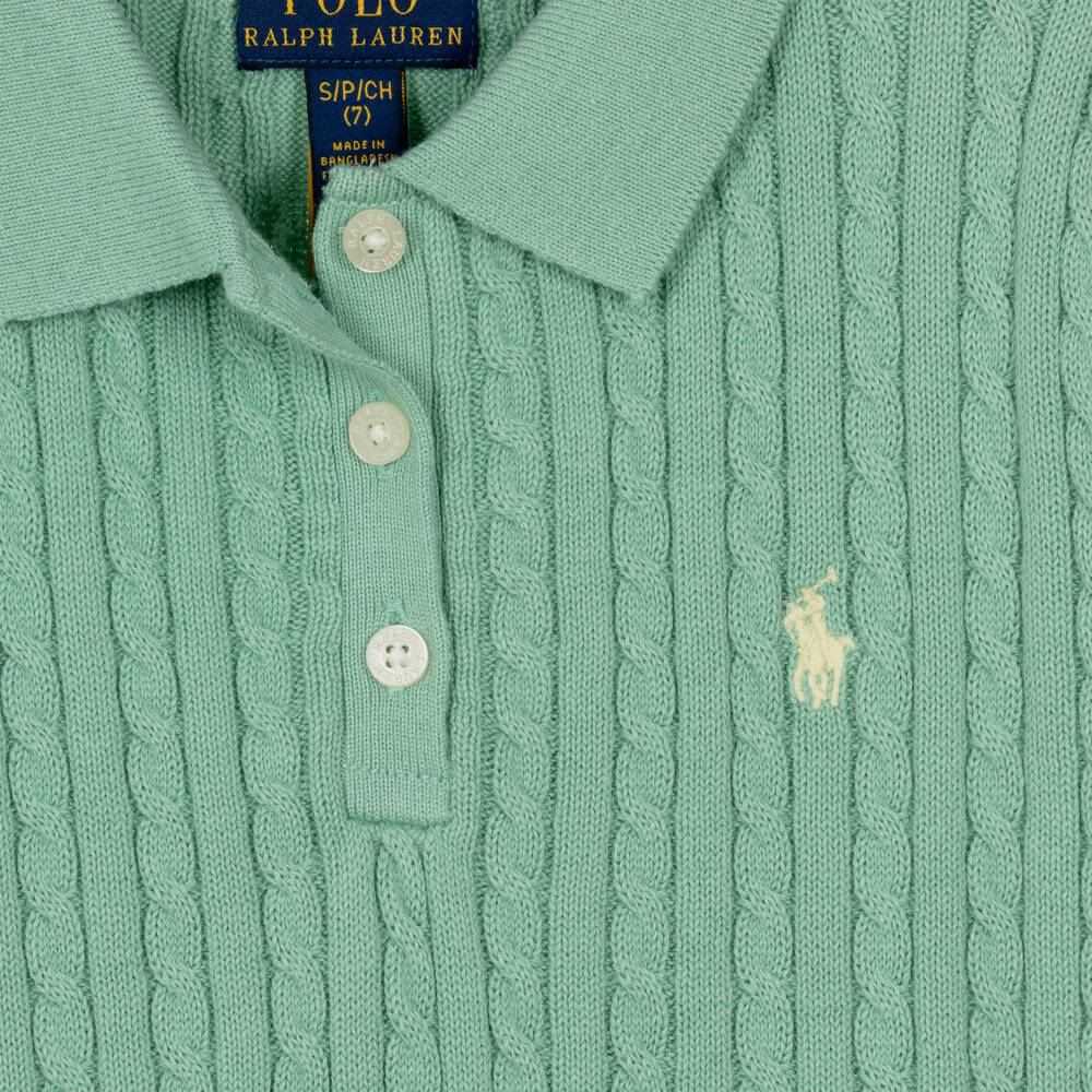Ralph Lauren-Girls Green Cotton Cable Knit Polo Top | Childrensalon