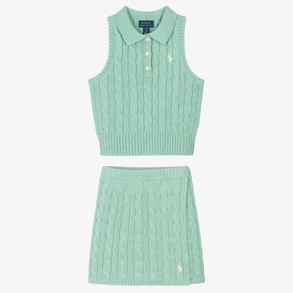 Ralph Lauren-Girls Green Cotton Cable Knit Skirt Set | Childrensalon