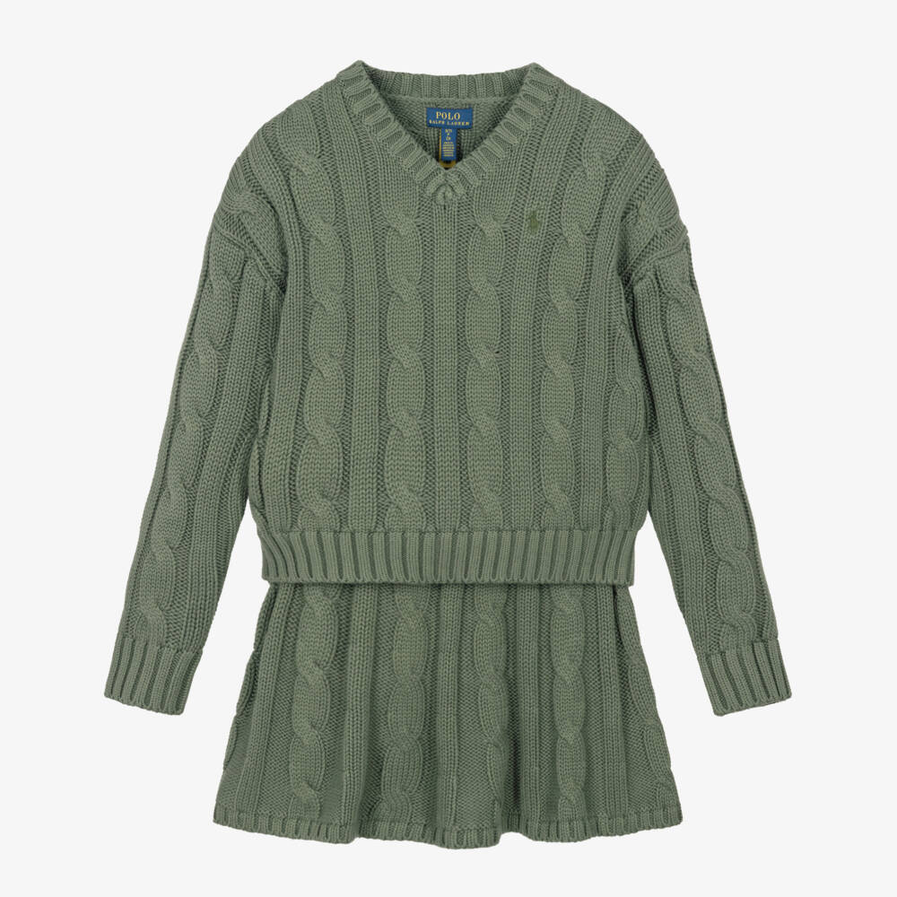 Ralph Lauren-Girls Green Cotton Cable Knit Skirt Set | Childrensalon