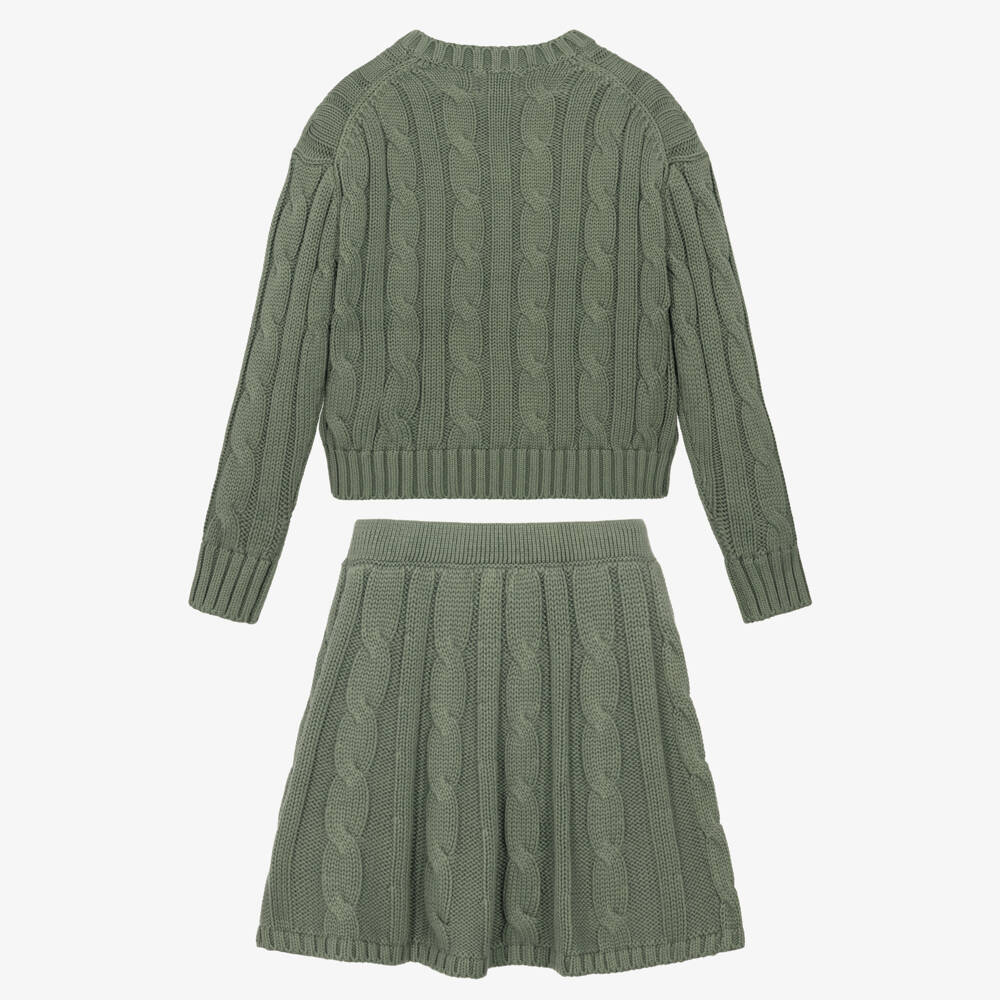 Ralph Lauren-Girls Green Cotton Cable Knit Skirt Set | Childrensalon
