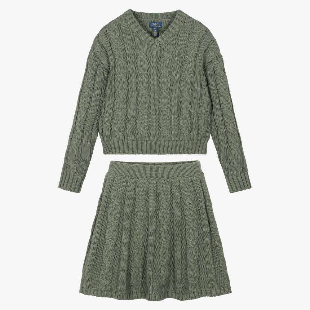 Ralph Lauren-Girls Green Cotton Cable Knit Skirt Set | Childrensalon
