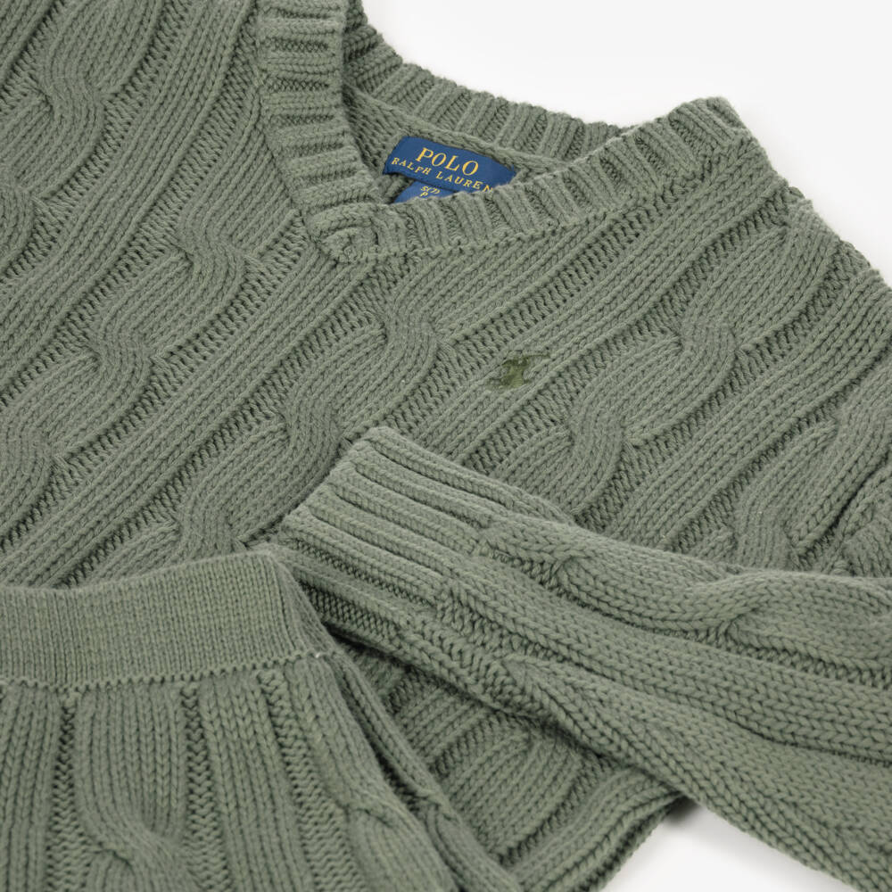 Ralph Lauren-Girls Green Cotton Cable Knit Skirt Set | Childrensalon