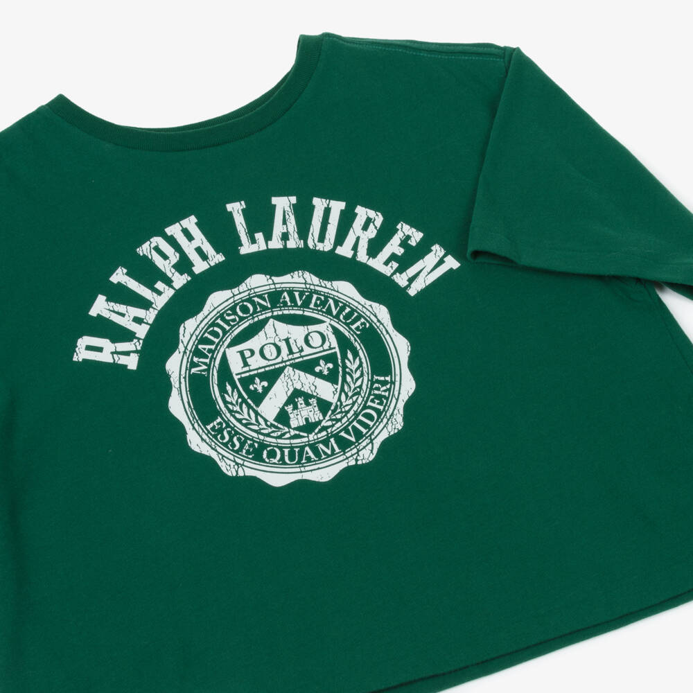 Ralph Lauren-Girls Green Cotton Crest Logo Boxy T-Shirt  | Childrensalon
