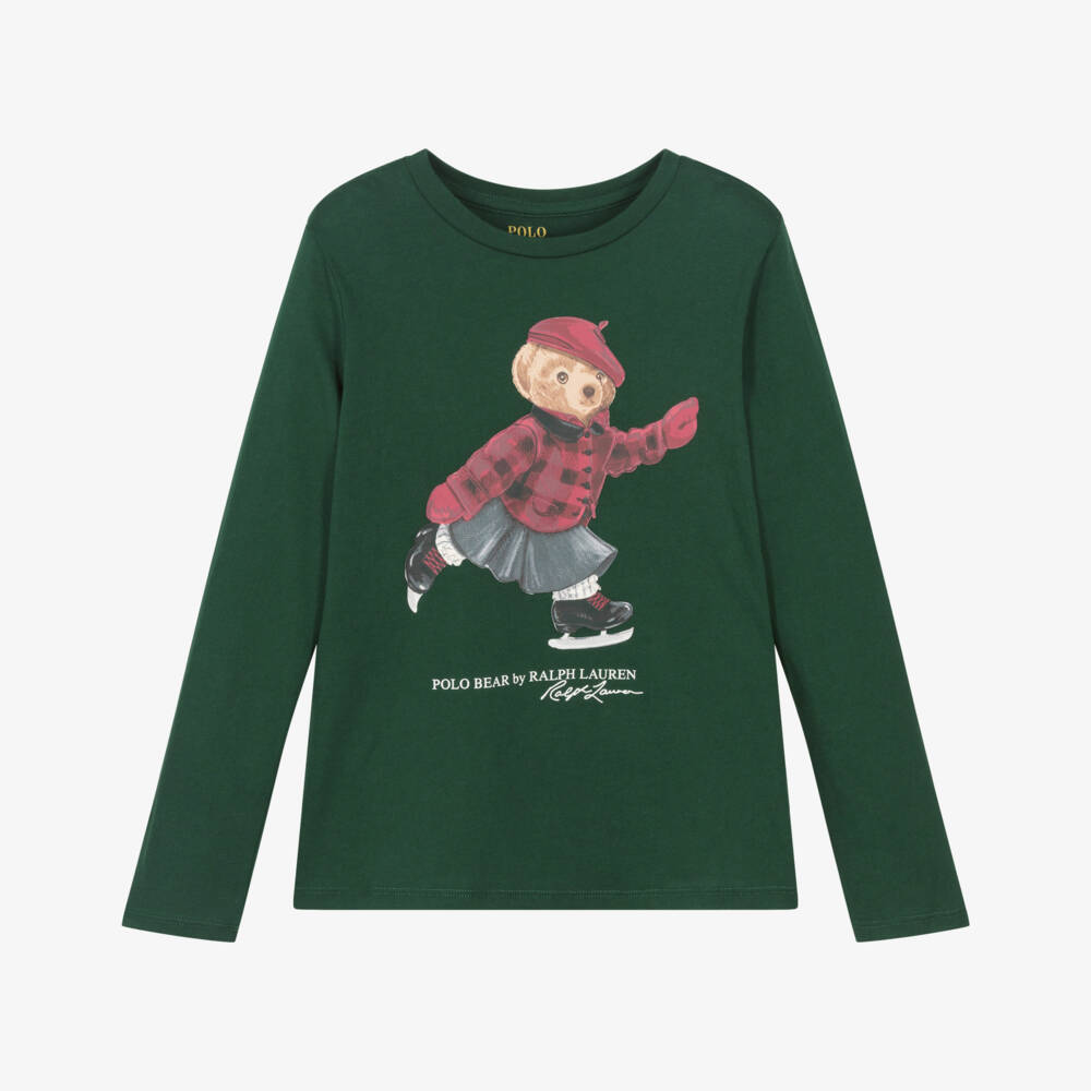 Ralph Lauren-Girls Green Cotton Jersey Top with Polo Bear Print | Childrensalon