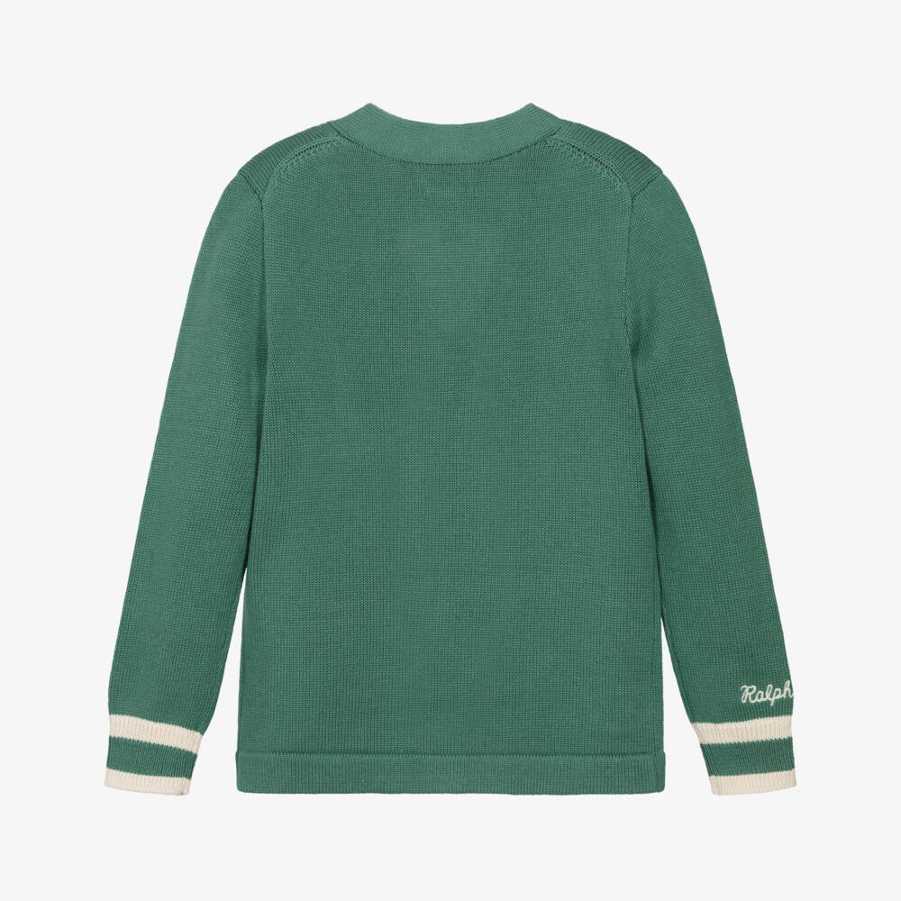 Ralph Lauren-Girls Green Cotton Knit Varsity Logo Cardigan | Childrensalon