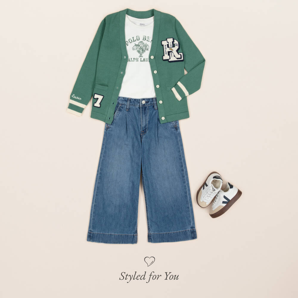 Ralph Lauren-Girls Green Cotton Knit Varsity Logo Cardigan | Childrensalon