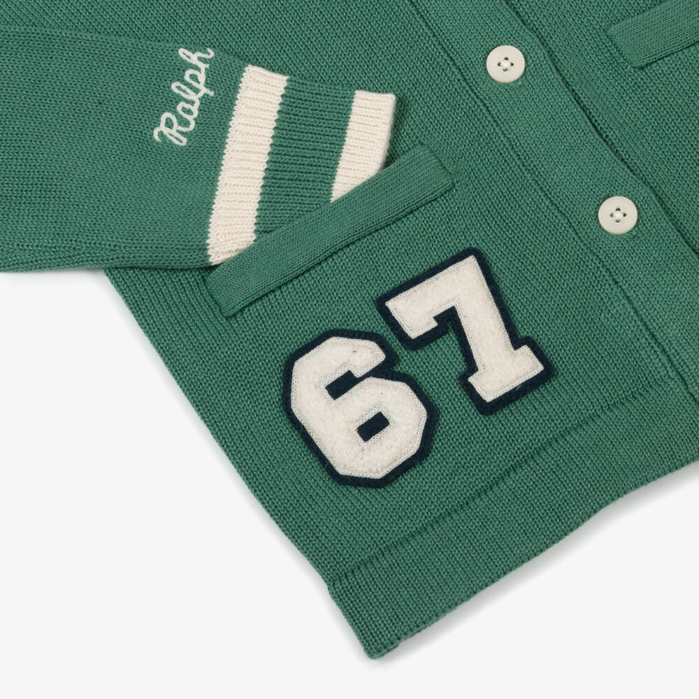 Ralph Lauren-Girls Green Cotton Knit Varsity Logo Cardigan | Childrensalon