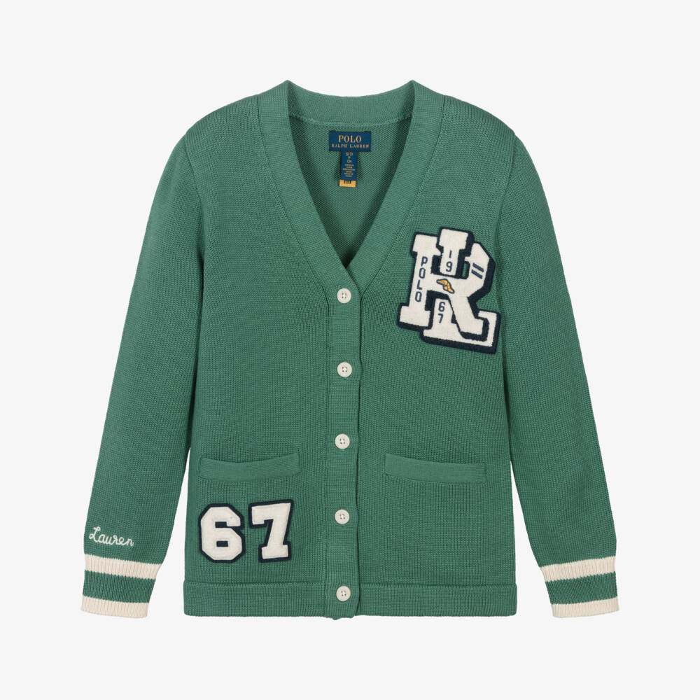 Ralph Lauren-Girls Green Cotton Knit Varsity Logo Cardigan | Childrensalon