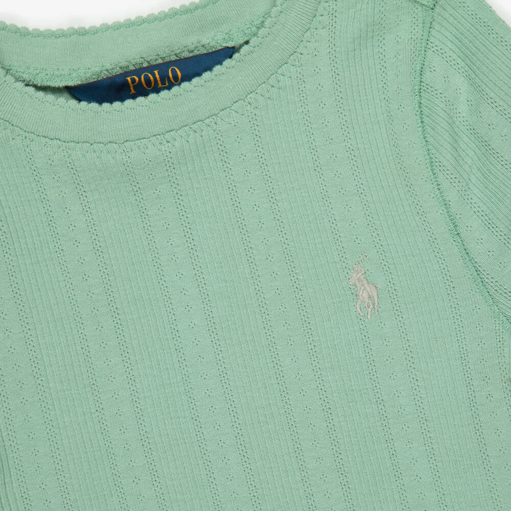 Ralph Lauren-Girls Green Cotton T-Shirt with Pointelle Pattern | Childrensalon