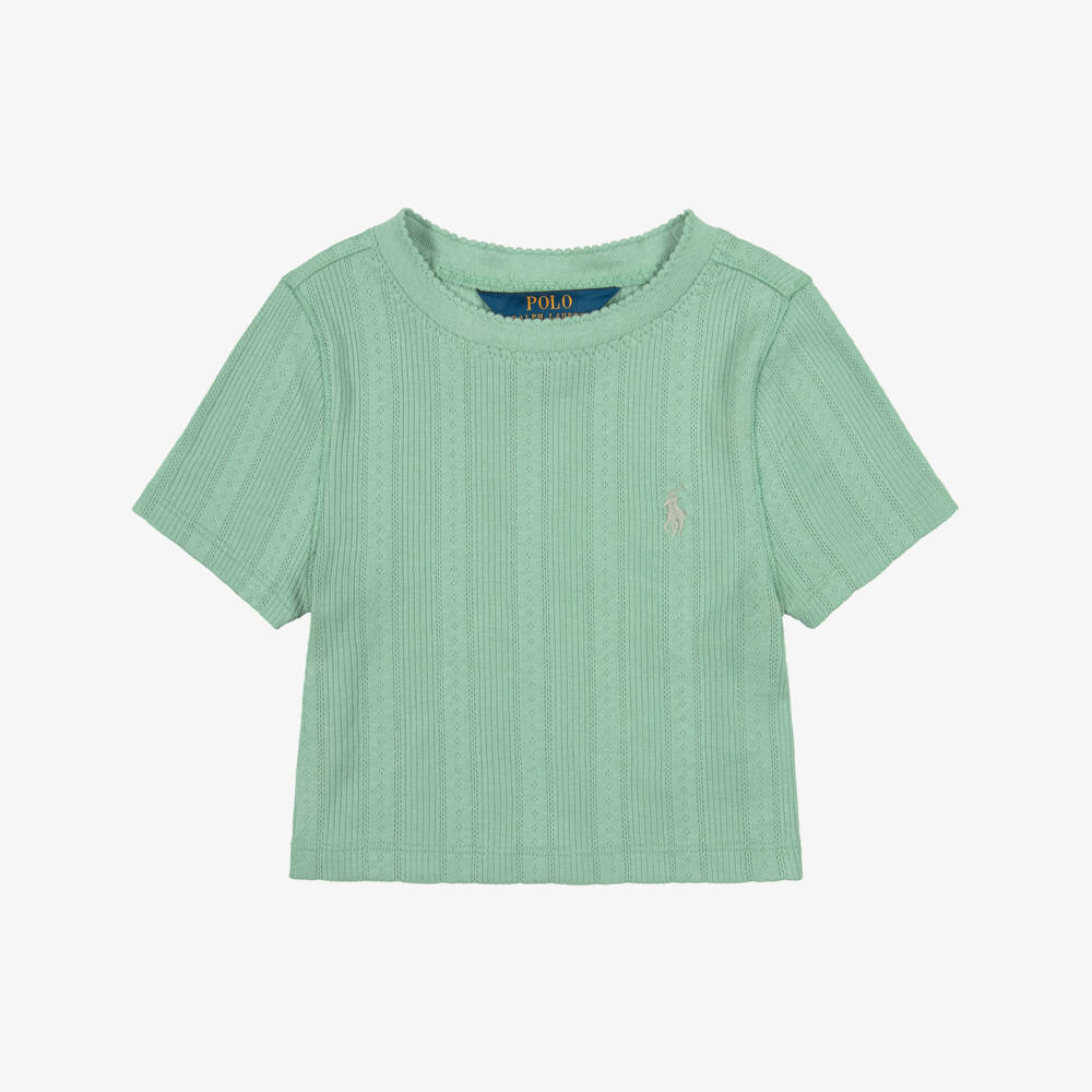Ralph Lauren-Girls Green Cotton T-Shirt with Pointelle Pattern | Childrensalon