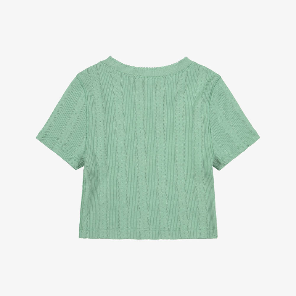 Ralph Lauren-Girls Green Cotton T-Shirt with Pointelle Pattern | Childrensalon